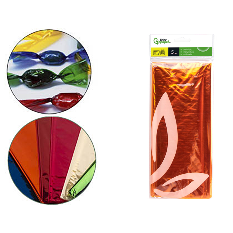 Papel celofan liderpapel 50x70 cm 22g/m2 bolsa de 5 hojas amarillo