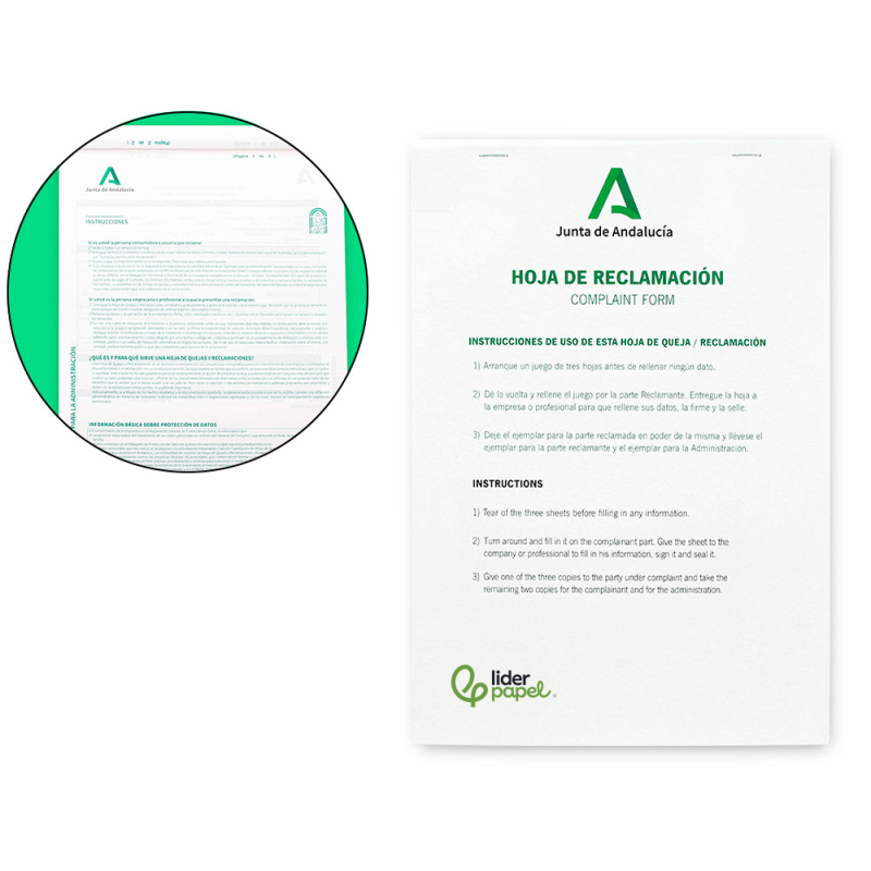 Libro liderpapel hojas de reclamaciones junta de andalucia din a4 24 juegos original + 2 copias
