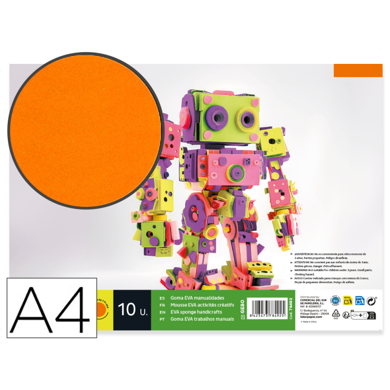 Goma eva liderpapel din a4 60g/m2 espesor 1,5mm naranja paquete de 10 hojas