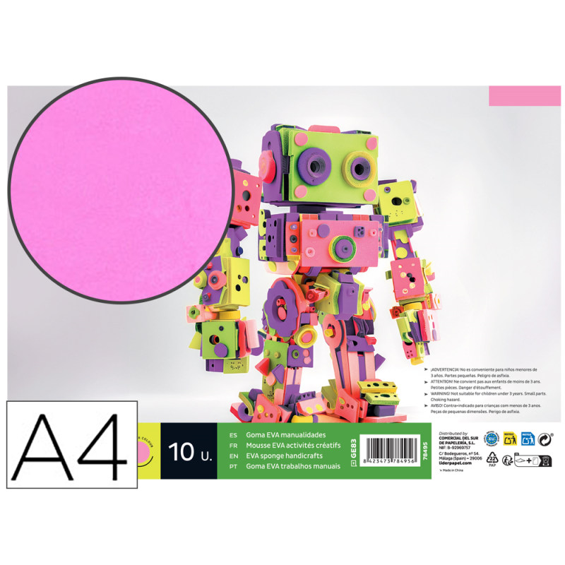 Goma eva liderpapel din a4 60g/m2 espesor 1,5mm rosa paquete de 10 hojas