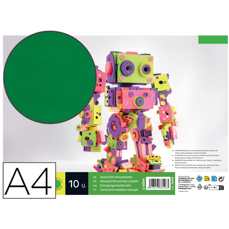 Goma eva liderpapel din a4 60g/m2 espesor 1,5mm verde paquete de 10 hojas