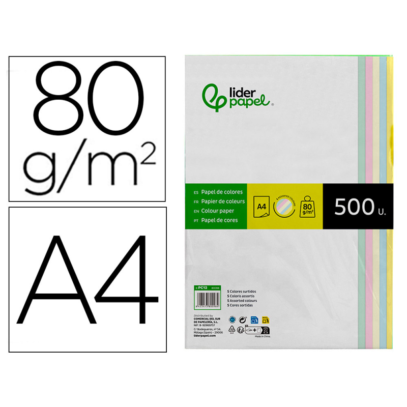 Papel color liderpapel a4 80gr 5 colores surtidos paquete de 500 hojas