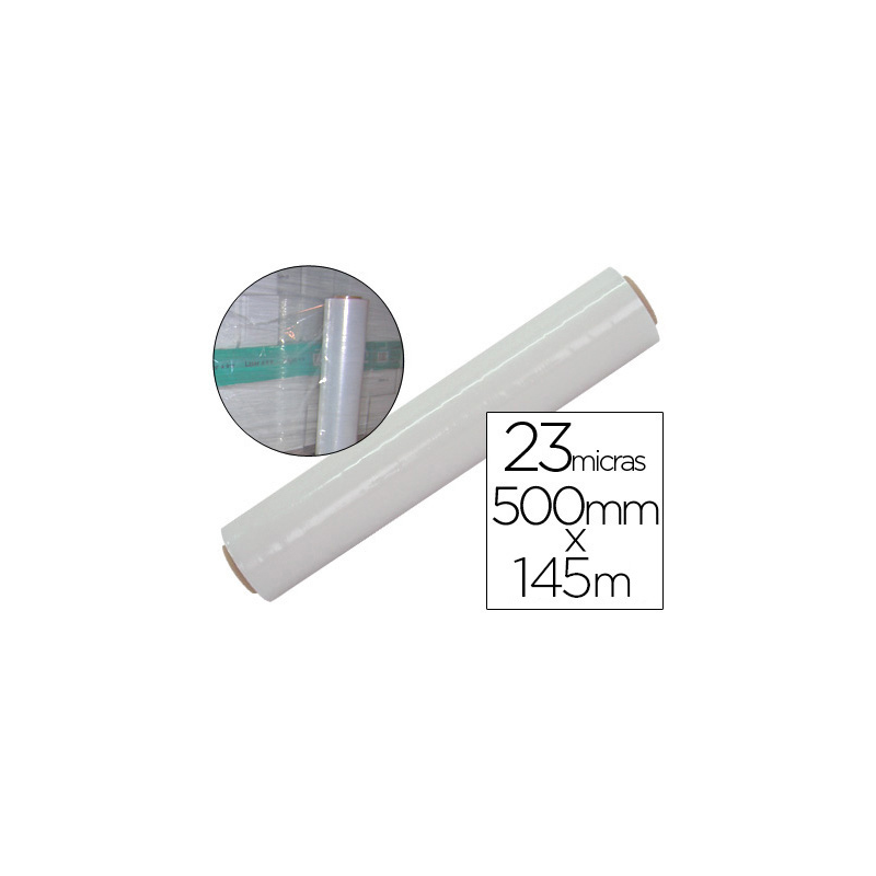 Film extensible q-connect manual ancho 500 mm largo 145 mt espesor 23 micras transparente