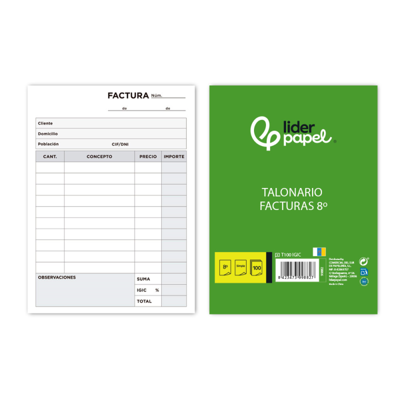 Talonario liderpapel facturas 8º original t100 con i.g.i.c.