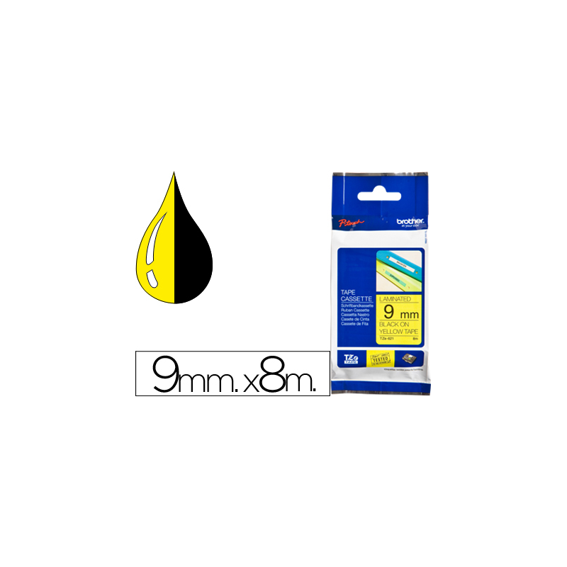 Cinta brother tze621 amarillo-negro 9mm longitud 8 mt