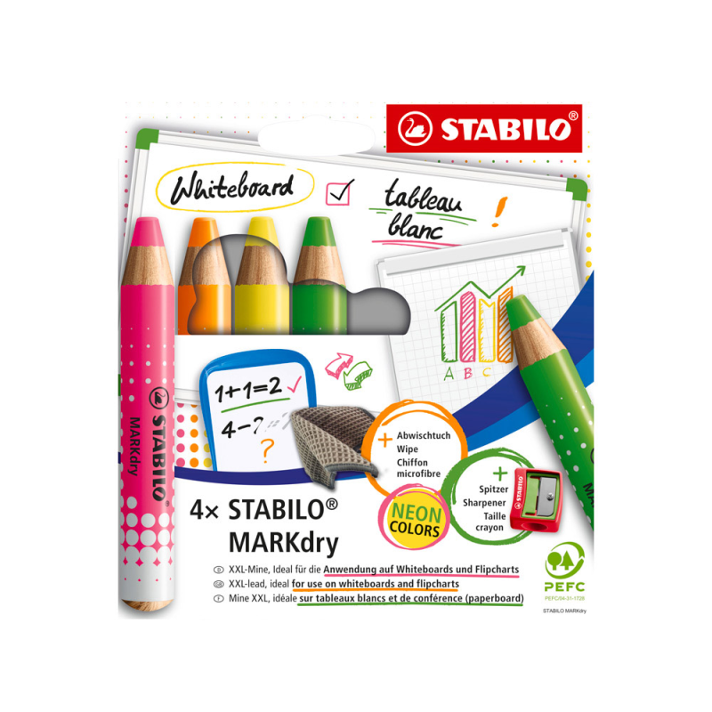 Lapiz marcador stabilo markdry neon para pizarra blanca caja de 4 unidades colores surtidos + sacapuntas