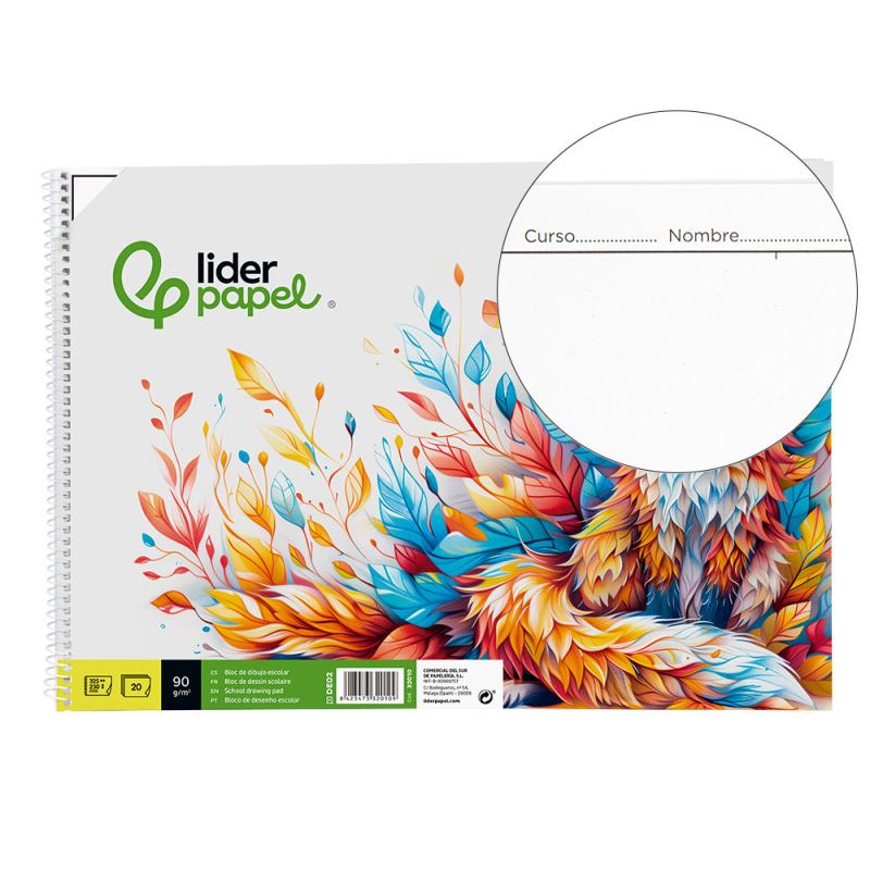 Bloc dibujo liderpapel escolar espiral 230x325mm 20 hojas 90 gr/m2 con recuadro