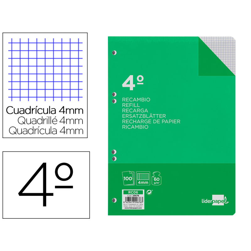 Recambio liderpapel cuarto 100 hojas 60gr cuadro 4mm con margen 6 taladros