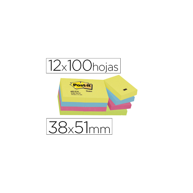 Bloc de notas adhesivas quita y pon post-it 38x51 mm neon pack de 12 blocs surtido