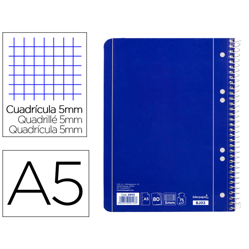 Cuaderno espiral liderpapel a5 micro serie azul tapa blanda 80h 75gr cuadro5mm 6 talad ros azul