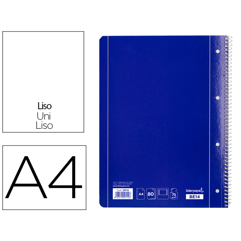 Cuaderno espiral liderpapel a4 micro serie azul tapa blanda 80h 75gr liso con margen 4 taladros azul