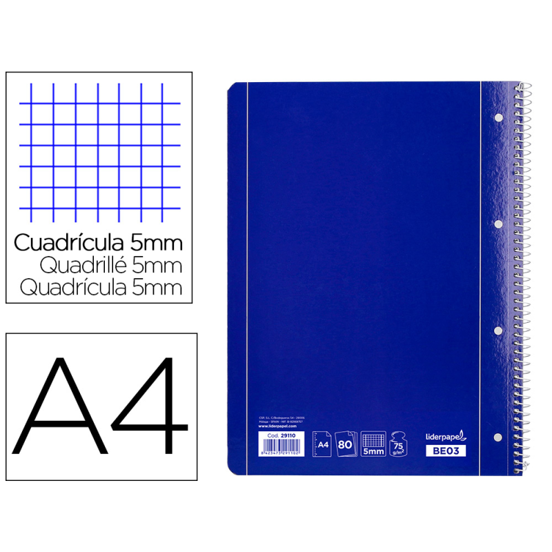 Cuaderno espiral liderpapel a4 micro serie azul tapa blanda 80h 75gr cuadro 5mm con mar gen 4 taladros azul
