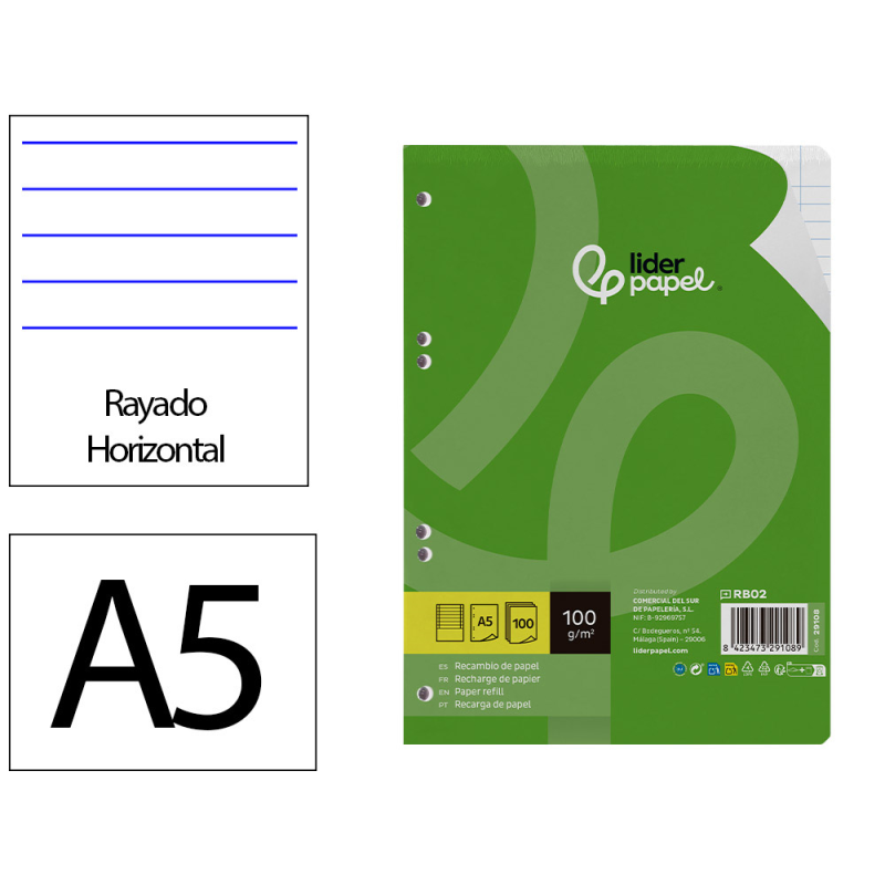 Recambio liderpapel a5 100 h 100gr horizontal doble margen 6 taladros