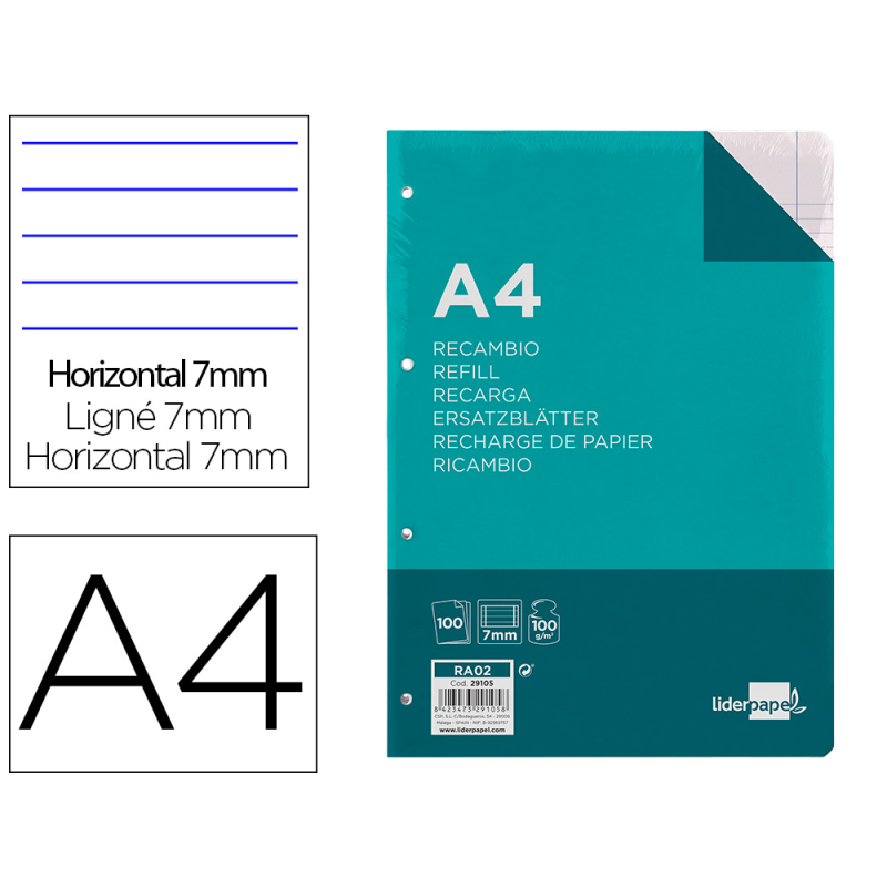 Recambio liderpapel a4 100 hojas 100gr horizontal con doble margen 4 taladros