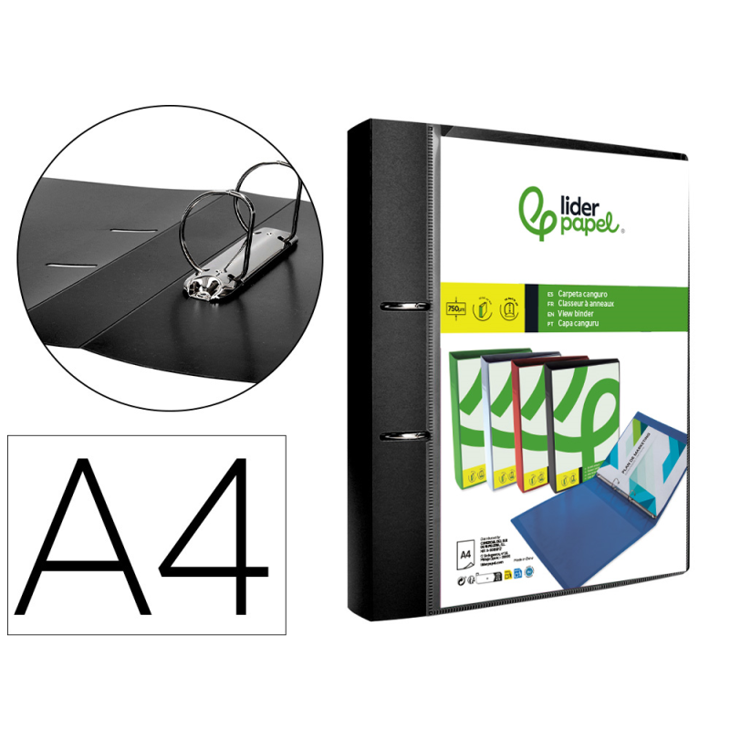 Carpeta liderpapel canguro 2 anillas 40 mm mixtas polipropileno din a4 negro opaco
