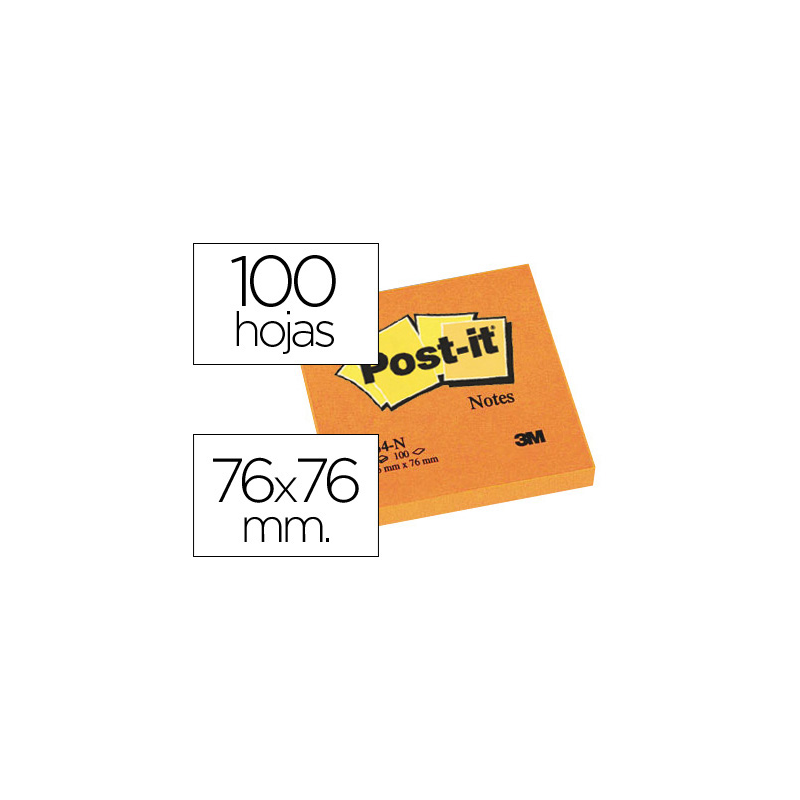 Bloc de notas adhesivas quita y pon post-it 76x76 mm naranja neon con 100 hojas