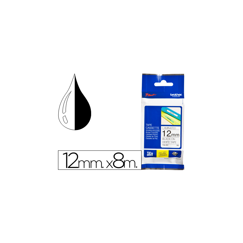 Cinta brother tze-231 blanco-negro 12mm longitud 8 mt