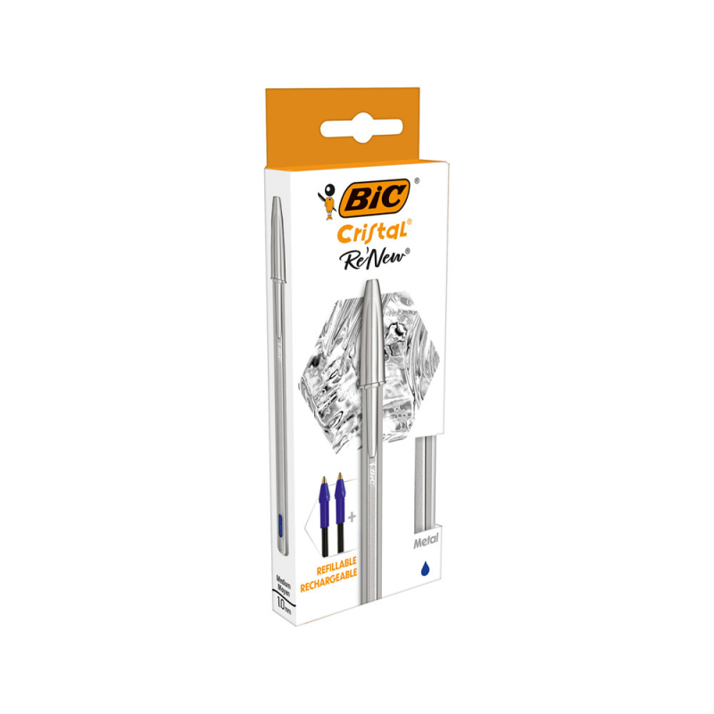 Boligrafo bic cristal renew cuerpo en aluminio mate tinta azul + 2 recambios en caja de carton
