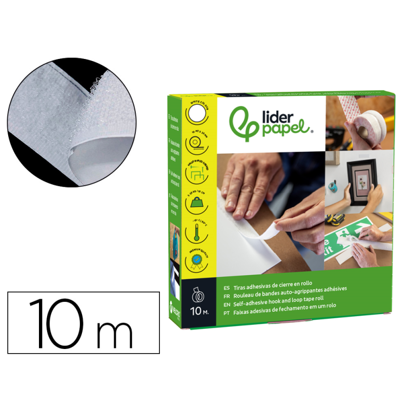 Cinta de cierre adhesiva liderpapel velcro blanco 20mm x 10m