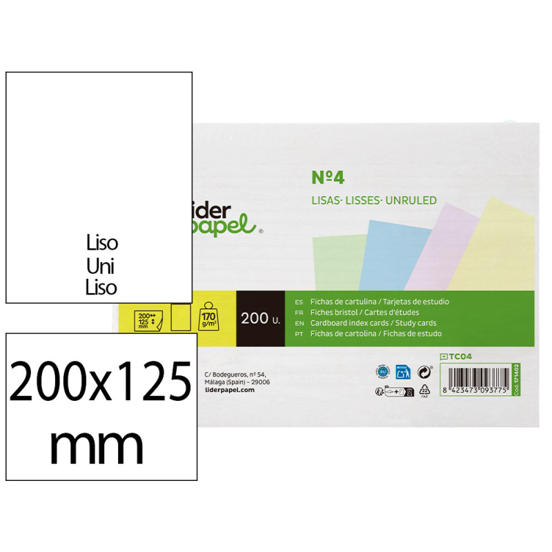 Tarjeta liderpapel para estudiar lisa cartulina de colores 170gr 125x200mm paquete de 200 unidades