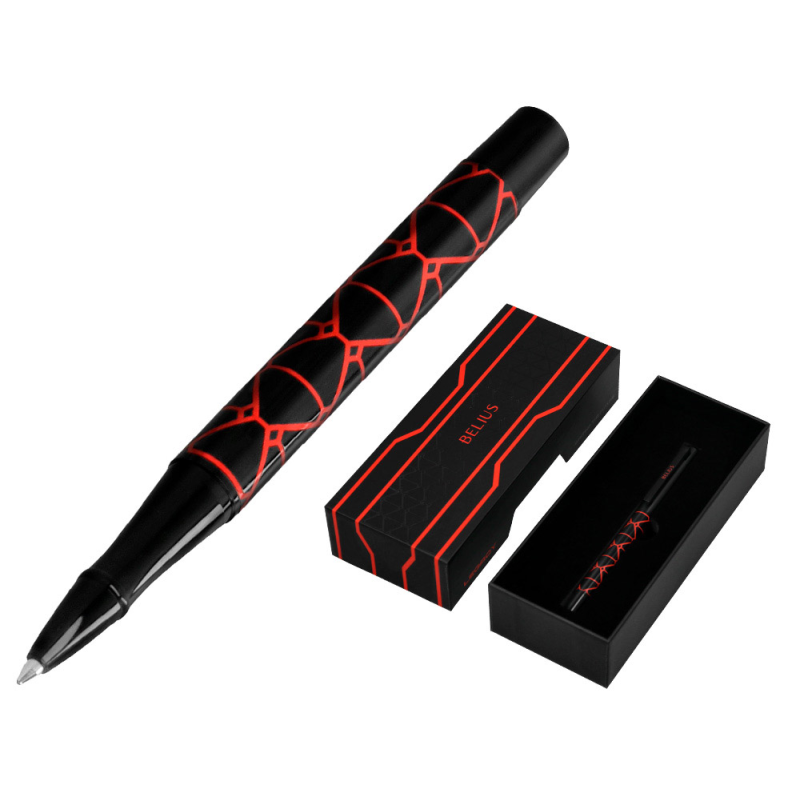 Boligrafo belius legacy aluminio diseño triangulo rojo cuerpo negro tinta color azul caja de diseño