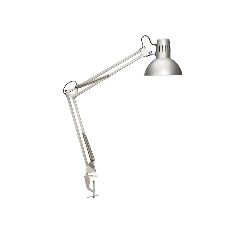 Lampara de escritorio maul metal 57w doble brazo cabezal orientable pinza plateada