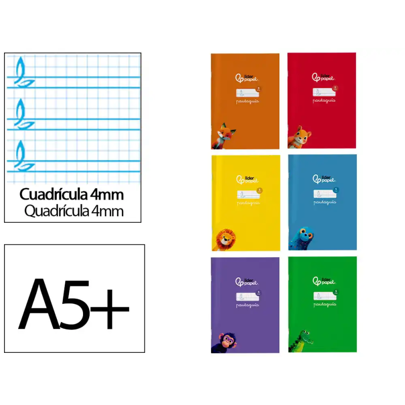Libreta liderpapel pautaguia tapa cartoncillo 32h a5+ 75gr cuadriculado pautado 4mm con margen 6 colores surtidos
