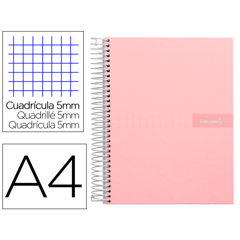 Cuaderno espiral liderpapel a4 micro crafty tapa forrada 120h 90gr cuadro 5mm 5 bandas 4 colores color rosa