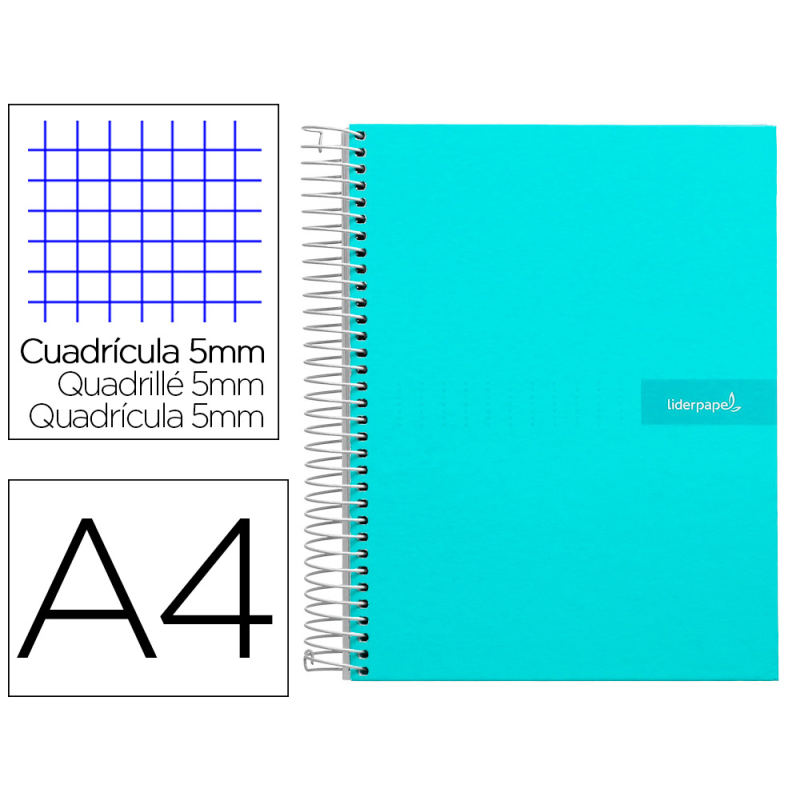 Cuaderno espiral liderpapel a4 micro crafty tapa forrada 120h 90gr cuadro 5mm 5 bandas 4 taladros color turquesa