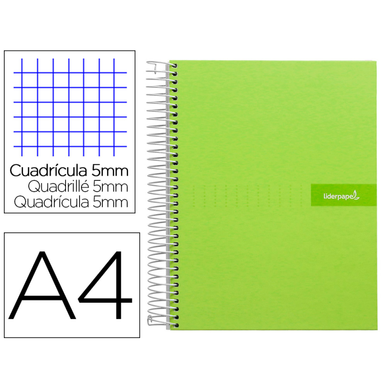 Cuaderno espiral liderpapel a4 micro crafty tapa forrada 120h 90gr cuadro 5mm 5 bandas 4 colores color verde