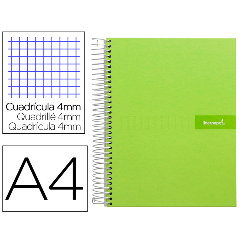 Cuaderno espiral liderpapel a4 crafty tapa forrada 80h 90gr cuadro 4mm con margen color verde