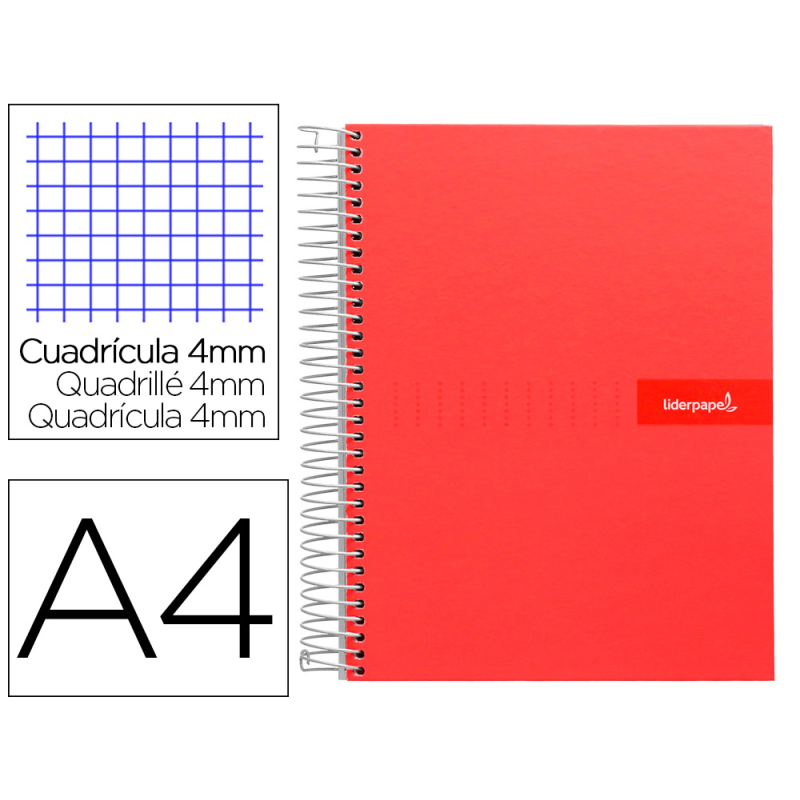 Cuaderno espiral liderpapel a4 crafty tapa forrada 80h 90gr cuadro 4mm con margen color roja