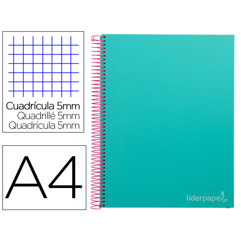 Cuaderno espiral liderpapel a4 micro jolly tapa forrada 140h 75gr cuadro 5mm 5 bandas 4 taladros color turquesa