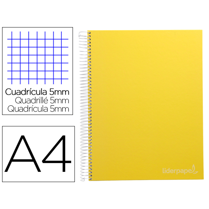 Cuaderno espiral liderpapel a4 micro jolly tapa forrada 140h 75gr cuadro 5mm 5 bandas 4 taladros color amarillo