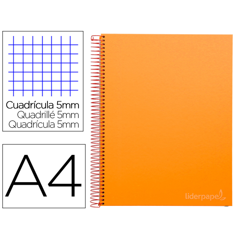 Cuaderno espiral liderpapel a4 micro jolly tapa forrada 140h 75gr cuadro 5mm 5 bandas 4 taladros color naranja