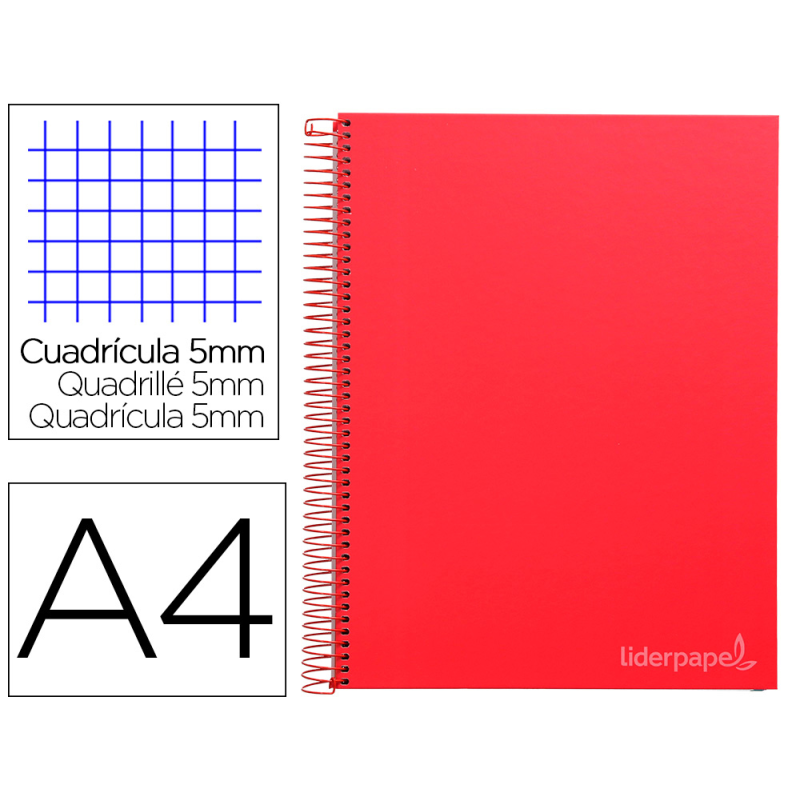 Cuaderno espiral liderpapel a4 micro jolly tapa forrada 140h 75gr cuadro 5mm 5 bandas 4 taladros color rojo