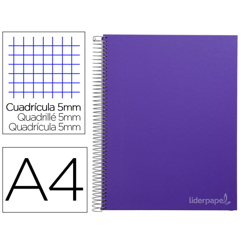 Cuaderno espiral liderpapel a4 micro jolly tapa forrada 140h 75gr cuadro 5mm 5 bandas 4 taladros color lila
