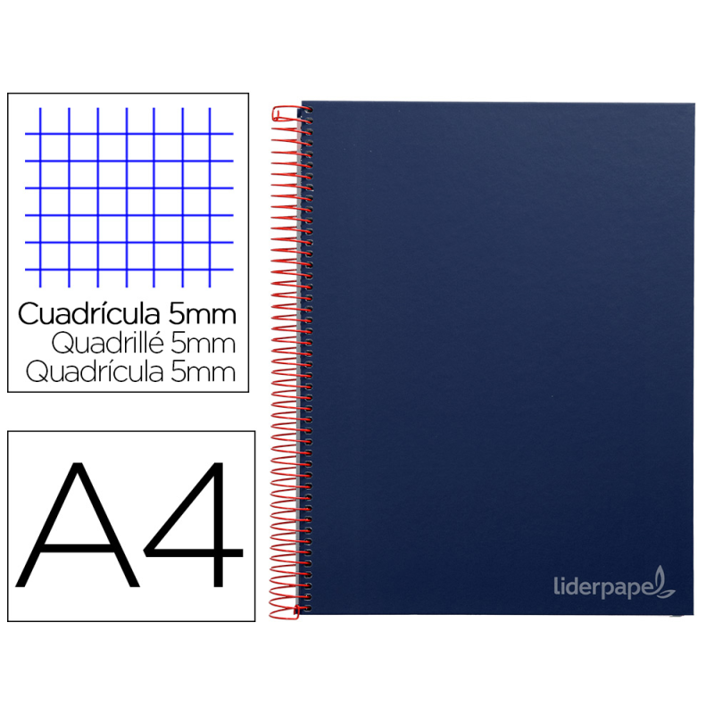 Cuaderno espiral liderpapel a4 micro jolly tapa forrada 140h 75gr cuadro 5mm 5 bandas 4 taladros color azul