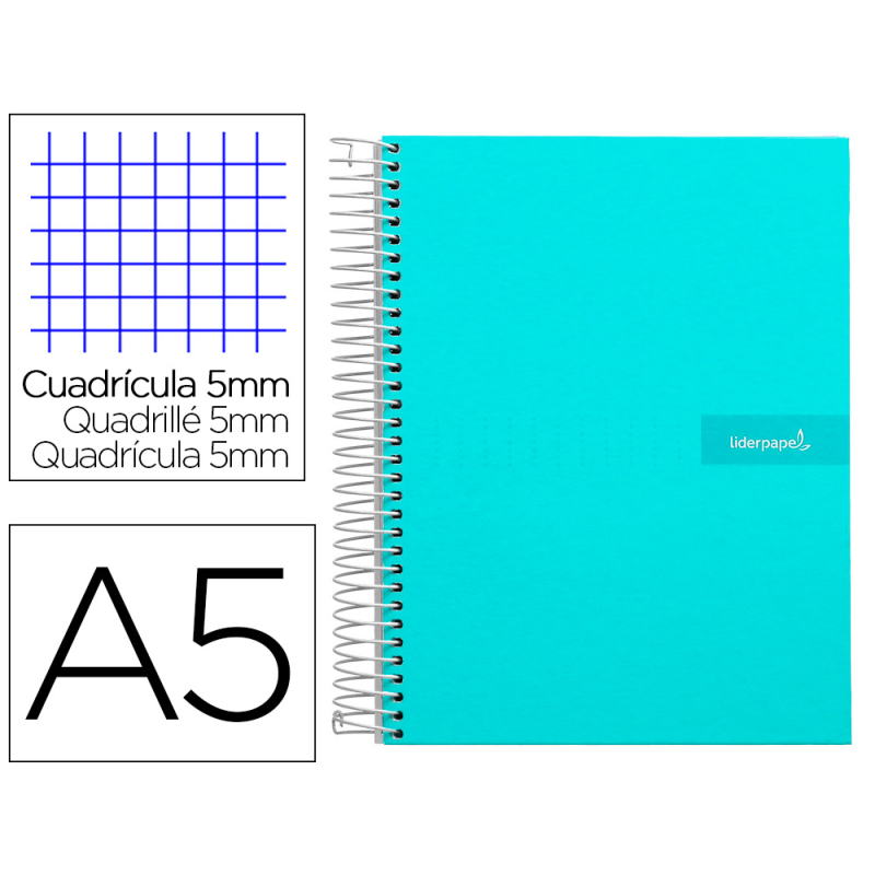 Cuaderno espiral liderpapel a5 micro crafty tapa forrada 120h 90gr cuadro 5mm 5 bandas 6 taladros color turquesa