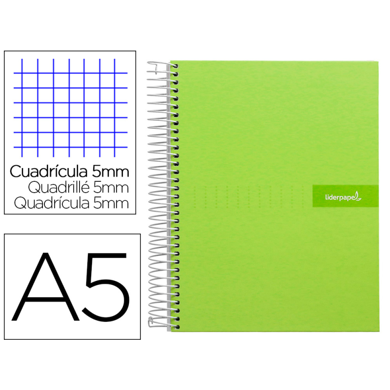 Cuaderno espiral liderpapel a5 micro crafty tapa forrada 120h 90gr cuadro 5mm 5 bandas 6 taladros color verde