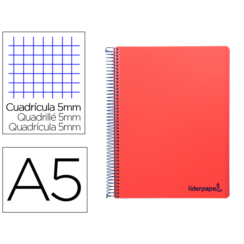 Cuaderno espiral liderpapel a5 micro wonder tapa plastico 120h 90gr cuadro 5mm 5 bandas 6 taladros color rojo