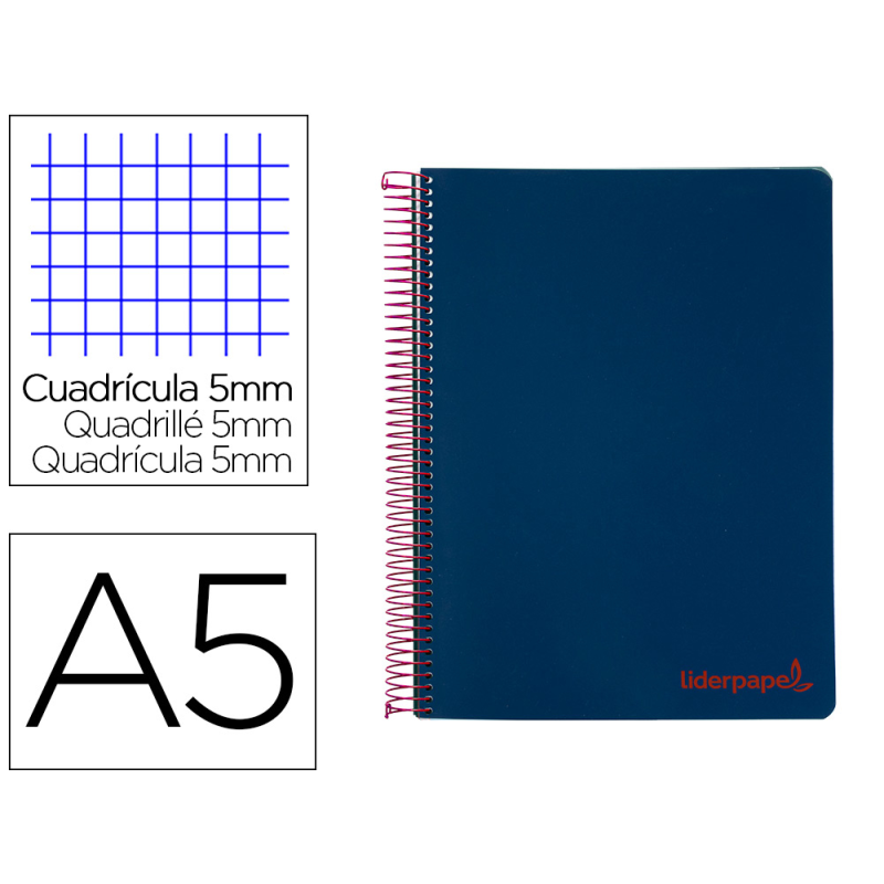Cuaderno espiral liderpapel a5 micro wonder tapa plastico 120h 90gr cuadro 5mm 5 bandas 6 taladros color azul marino