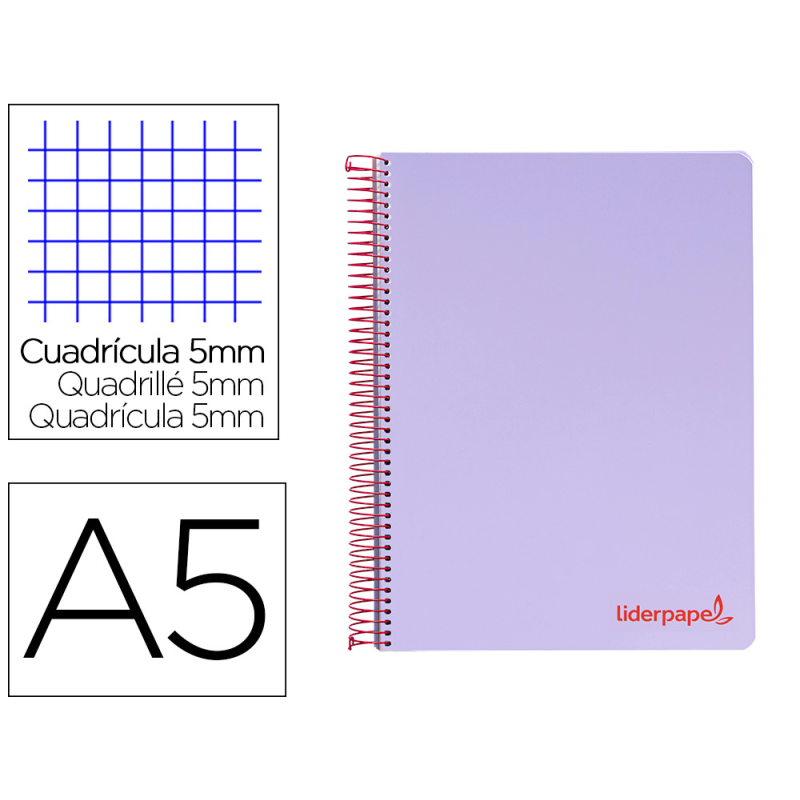 Cuaderno espiral liderpapel a5 micro wonder tapa plastico 120h 90gr cuadro 5mm 5 bandas 6 taladros color violeta