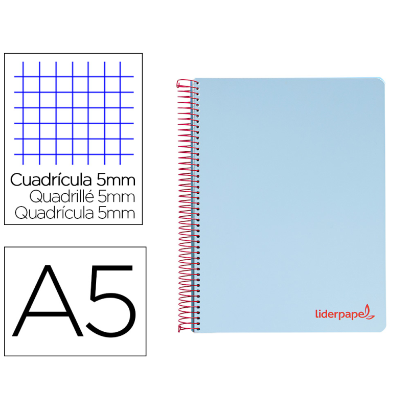Cuaderno espiral liderpapel a5 micro wonder tapa plastico 120h 90gr cuadro 5mm 5 bandas 6 taladros color celeste
