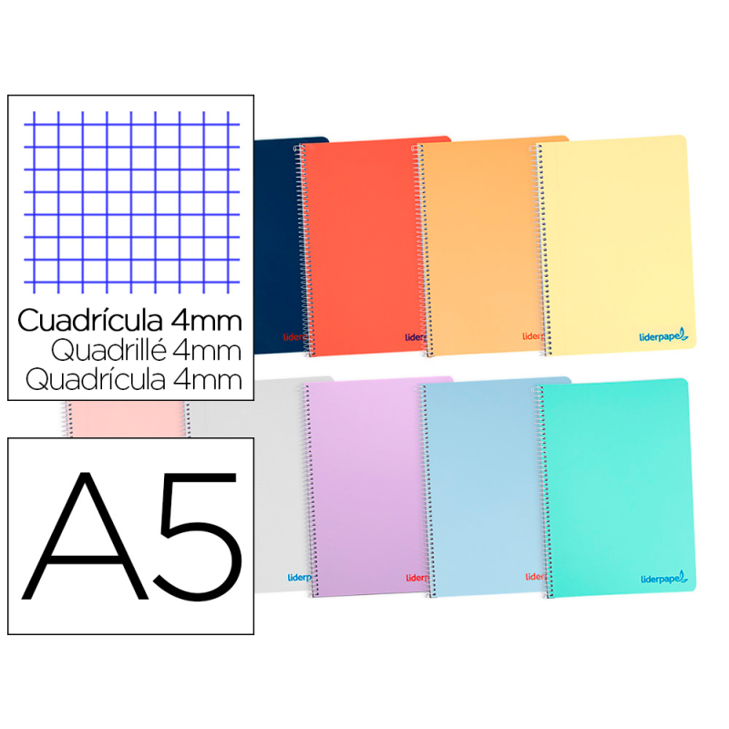 Cuaderno espiral liderpapel a5 wonder tapa plastico 80h 90gr cuadro 4mm con margen colores surtidos