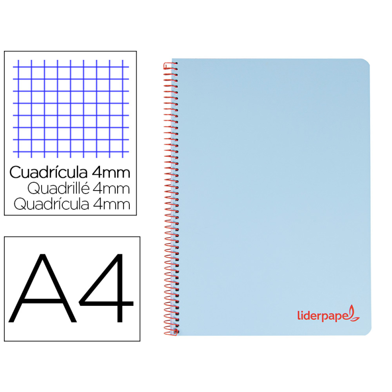Cuaderno espiral liderpapel a4 wonder tapa plastico 80h 90gr cuadro 4mm con margen color azul