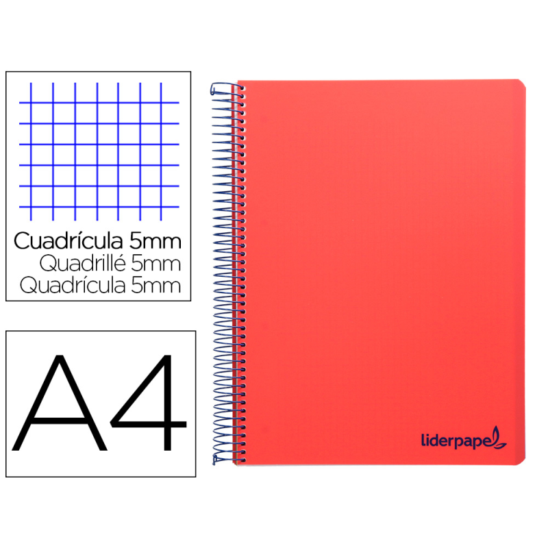 Cuaderno espiral liderpapel a4 micro wonder tapa plastico 120h 90gr cuadro 5mm 5 bandas 4 taladros color rojo