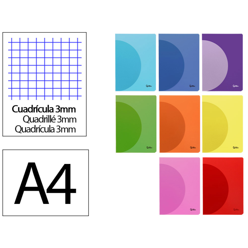 Libreta liderpapel 360 tapa de plastico a4 48 hojas 90gr cuadro 3mm con margen colores surtidos