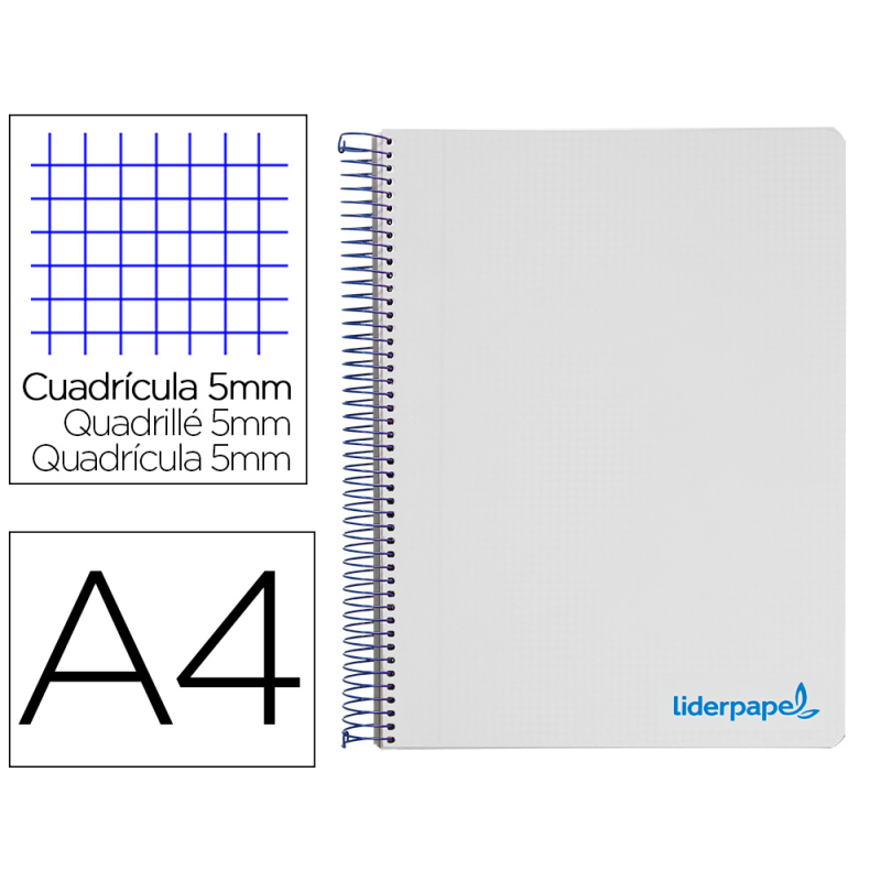 Cuaderno espiral liderpapel a4 micro wonder tapa plastico 120h 90gr cuadro 5mm 5 bandas 4 taladros color gris