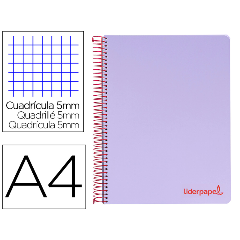 Cuaderno espiral liderpapel a4 micro wonder tapa plastico 120h 90gr cuadro 5mm 5 banda 4 taladros color lila
